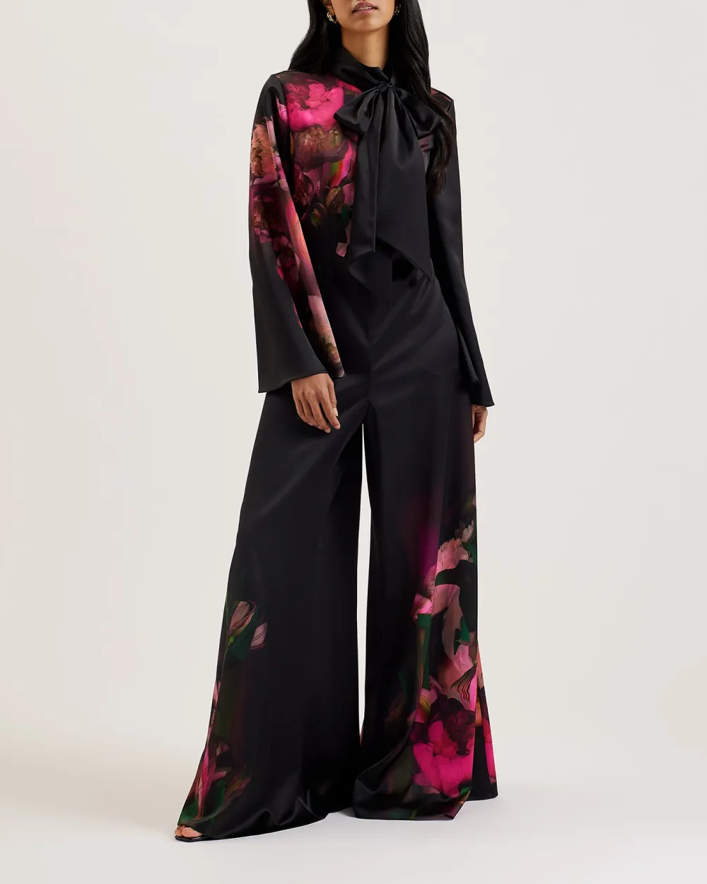 Lousios Printed Wide Leg Jumpsuit With Tie Black