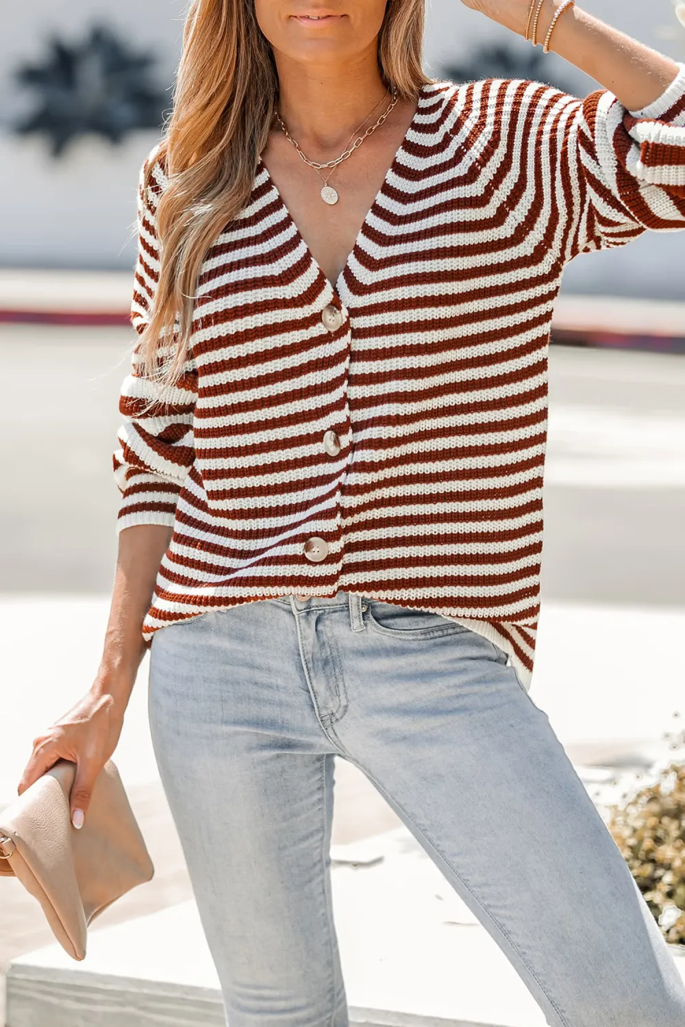 Striped V-Neck Buttoned Cardigan