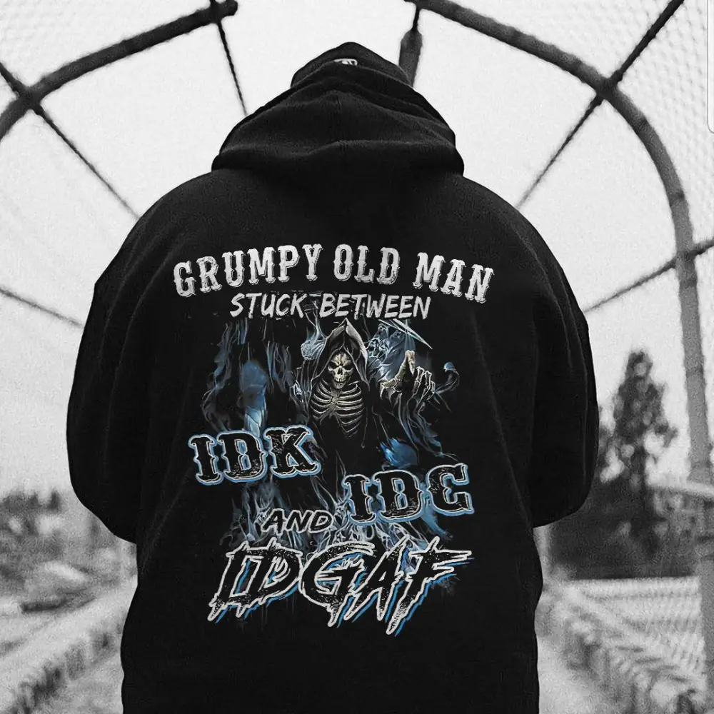Grumpy Old Man Stuck Between IDK IDG And IDGAF Printed Skeleton Men's Hoodie