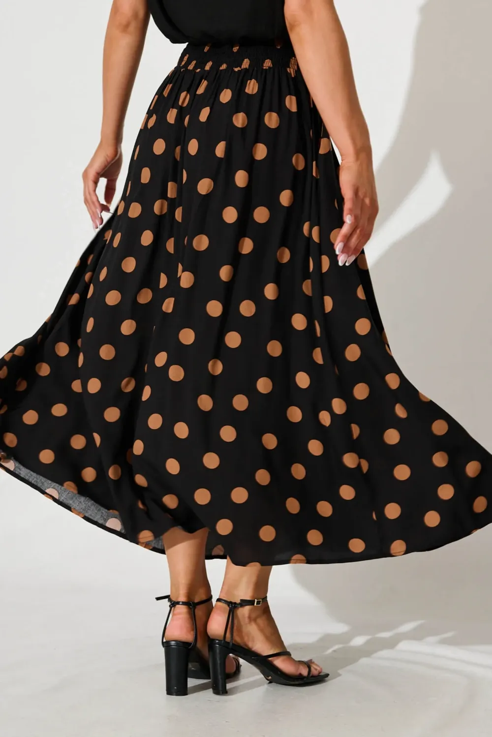 Black Polka Dot Flowy Midi Skirt