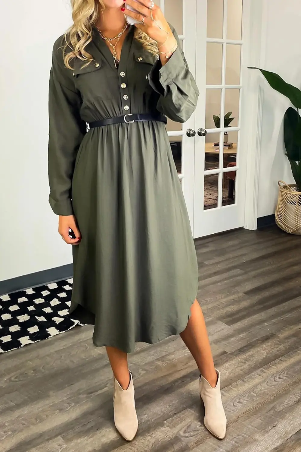 Adeline Button Down Belted Midi Dress