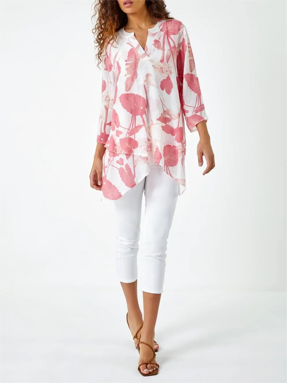 Coral Palm Print V-Neck Wrap Hem Tunic Top