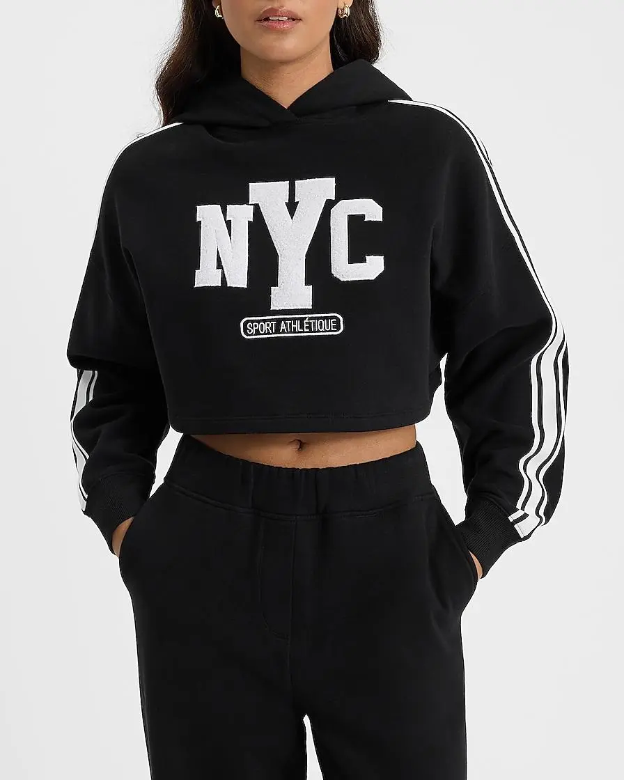 Nyc Graphic Stripe Sleeve Cropped Hoodie