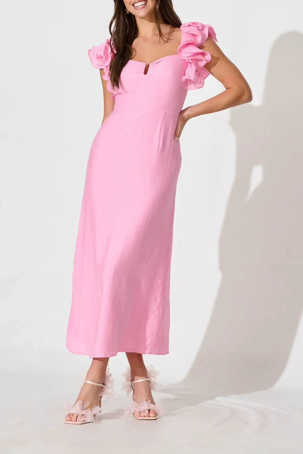 Pink Ruffled Shoulder Maxi Dress
