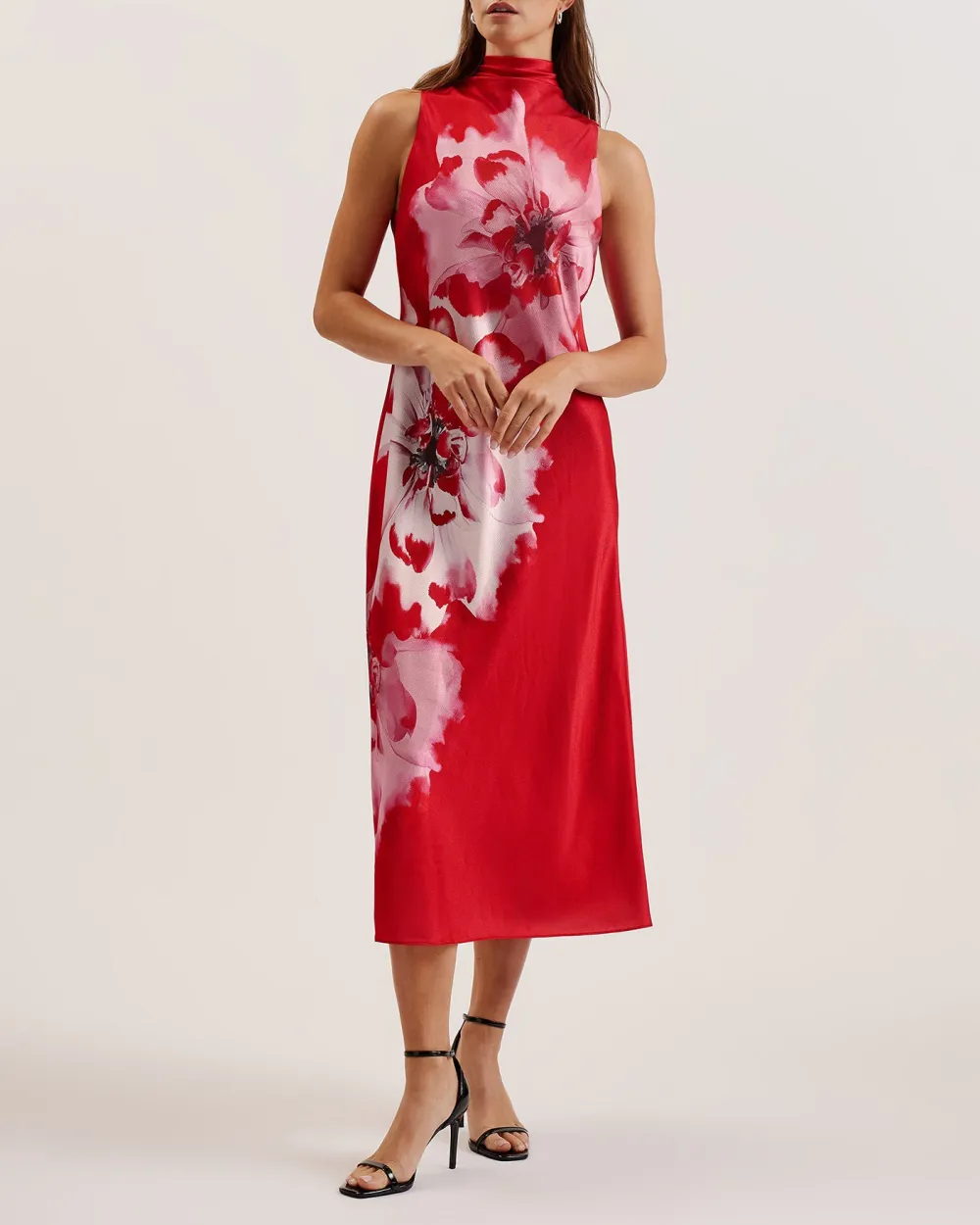 Aliara Printed Cowl Neck Midi Slip Dress Red