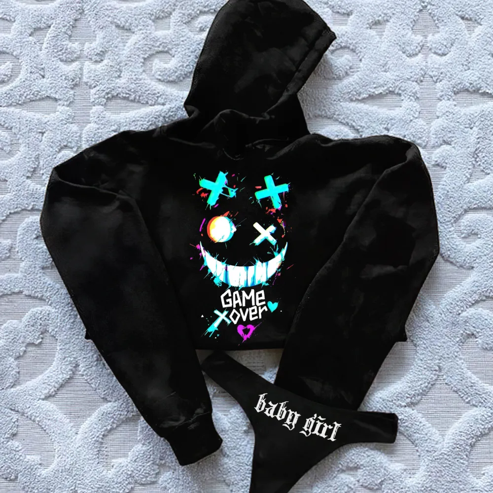 Game Over Printed Women's Cropped Hoodie & Thong Sets