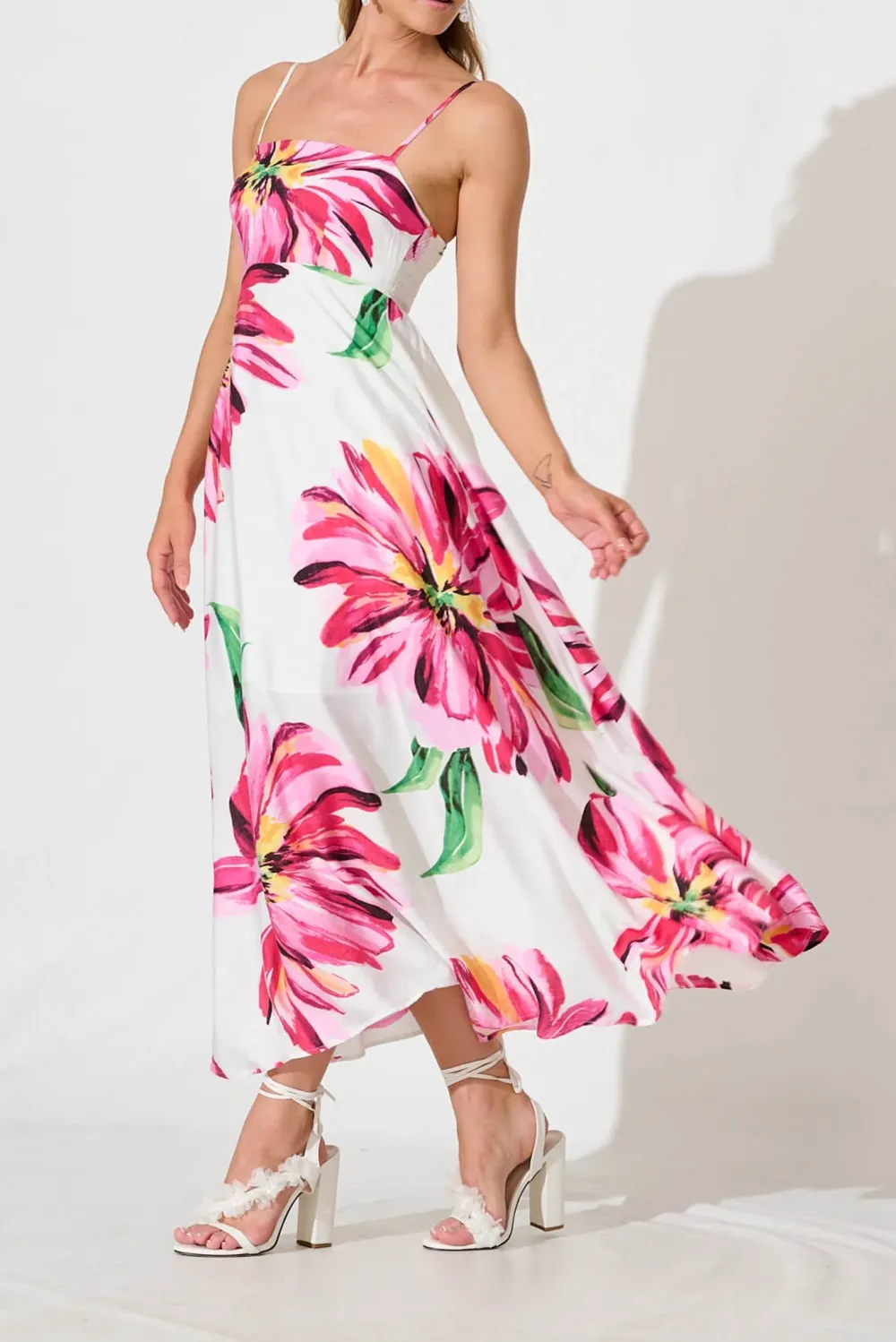 White Based Floral Print Slip Maxi Dress