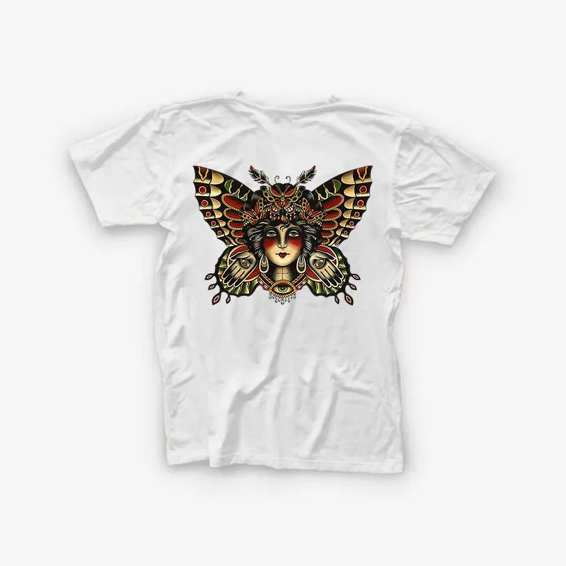Evil Eye Print Moth With Girl Portrait Basic Men’s T-shirt