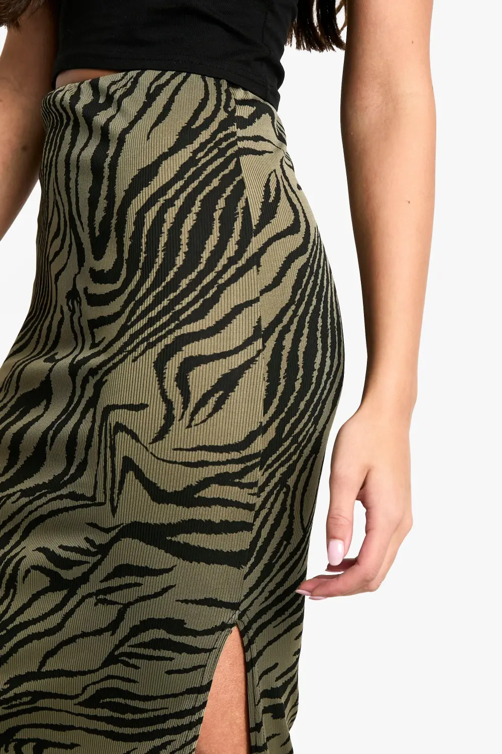 ZEBRA PRINT RIB SIDE SPLIT MIDI SKIRT