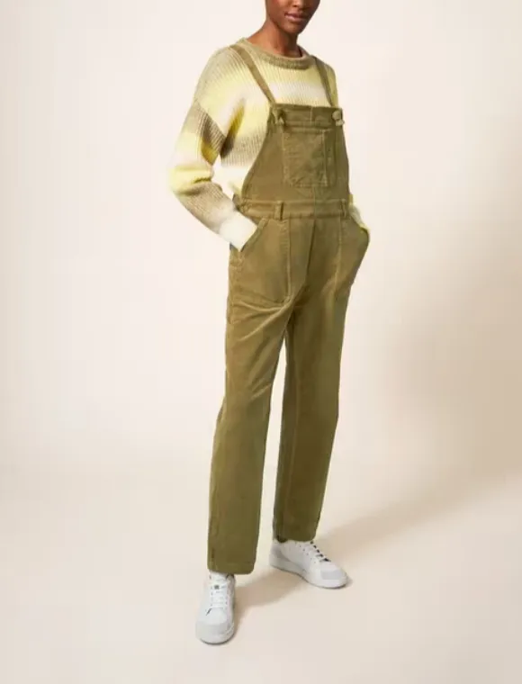 Ella Cord Dungaree In Khaki Green