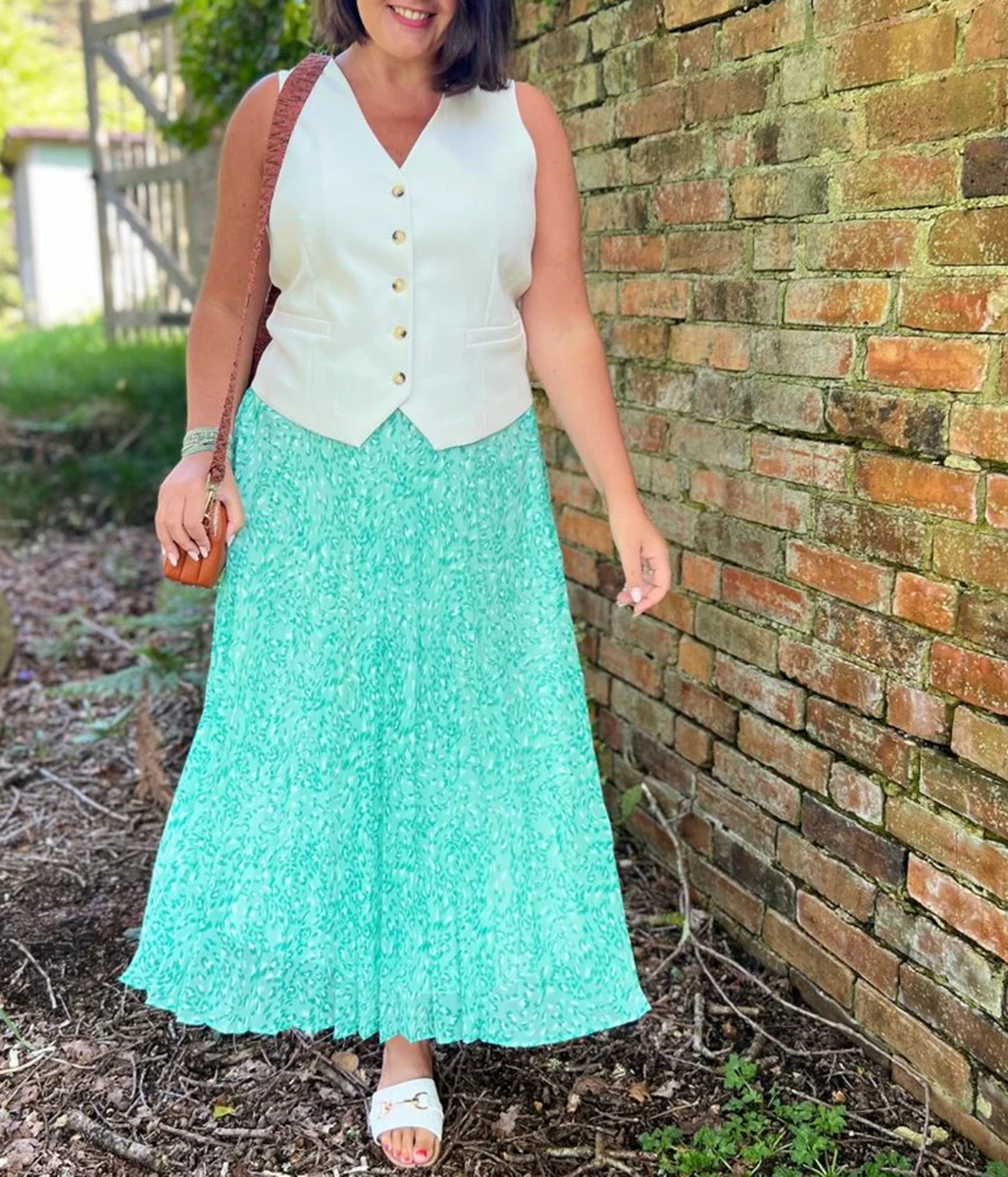 Green Swirling Animal Pleated Midi Skirt 6