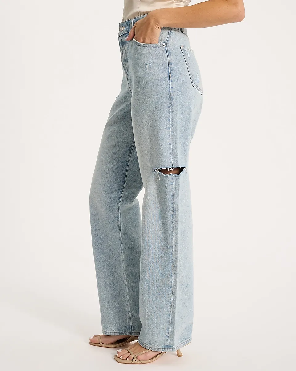 High Waisted Light Wash Ripped 50/50 Rigid Stretch Relaxed Straight Jeans