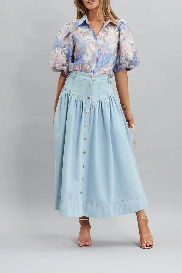 Light Blue High Waist Denim Midi Skirt
