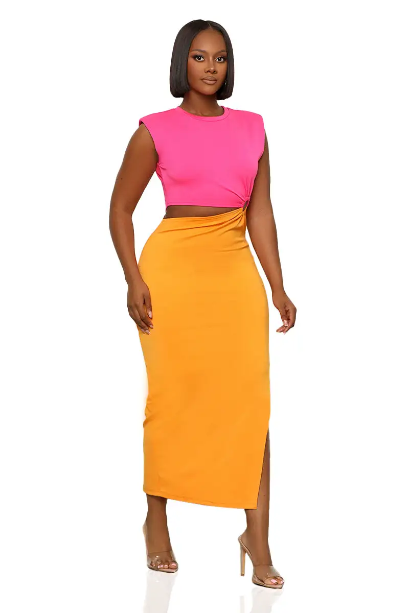 So Effortless Color-Block Cut-Out Dress (Orange Multi)
