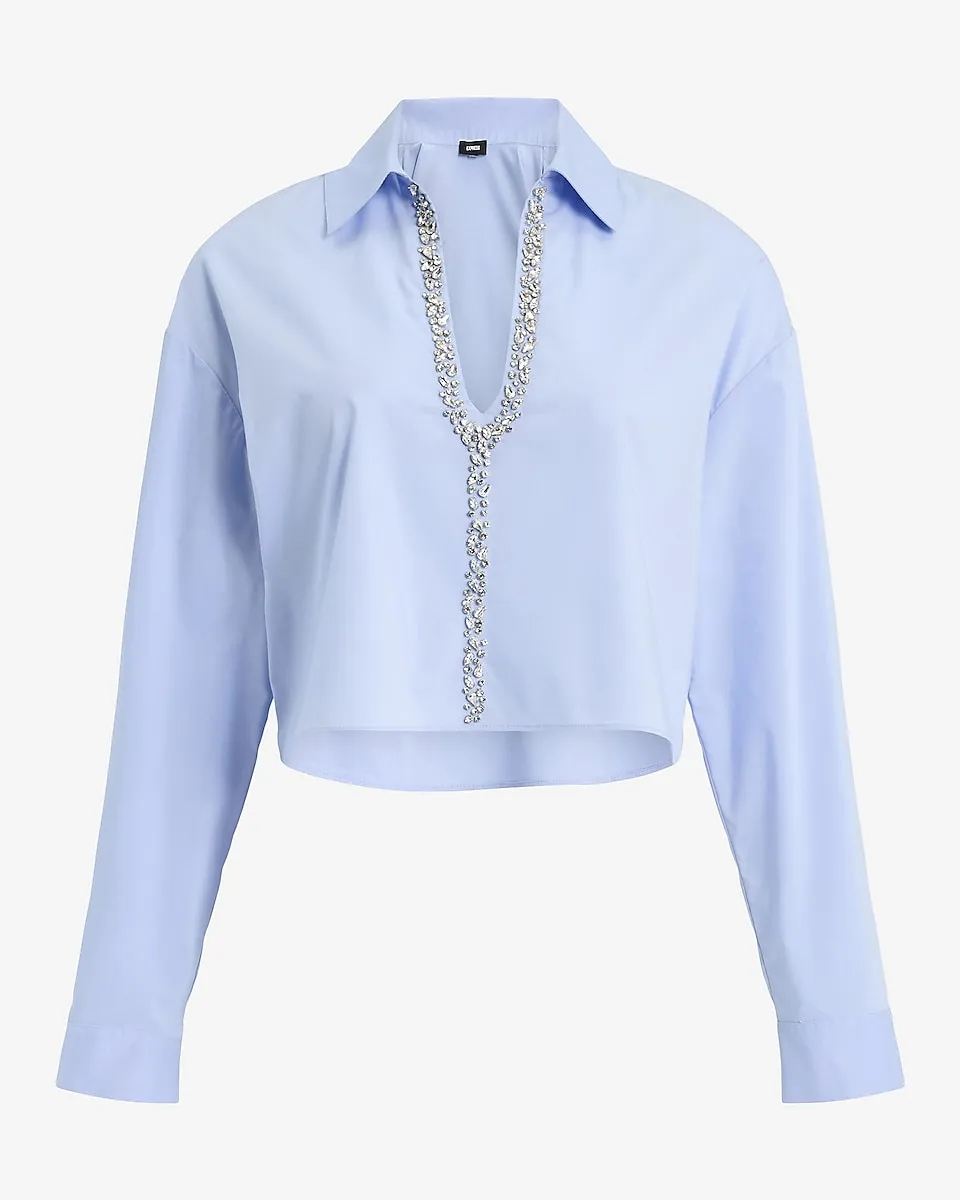 Embellished Collared V-Neck Long Sleeve Cropped Shirt