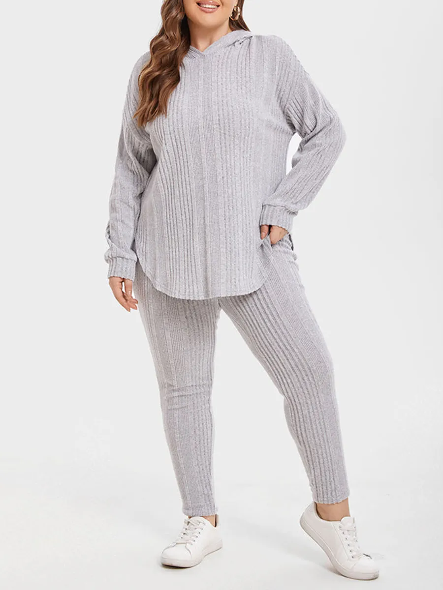 Ribbed Knit Drop Shoulder Hoodie & Pants Set