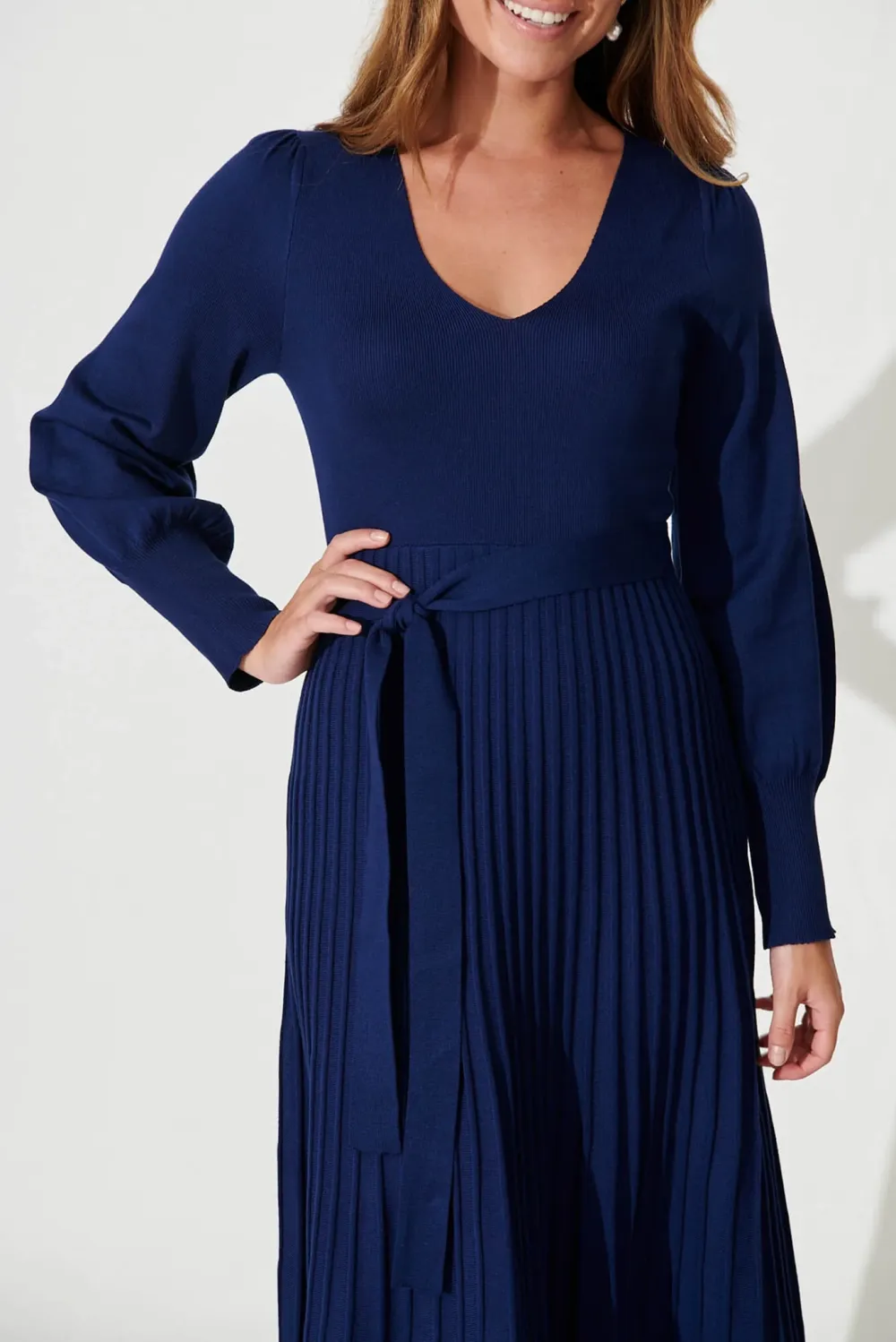 Navy Blue Belted Knit Midi Dress