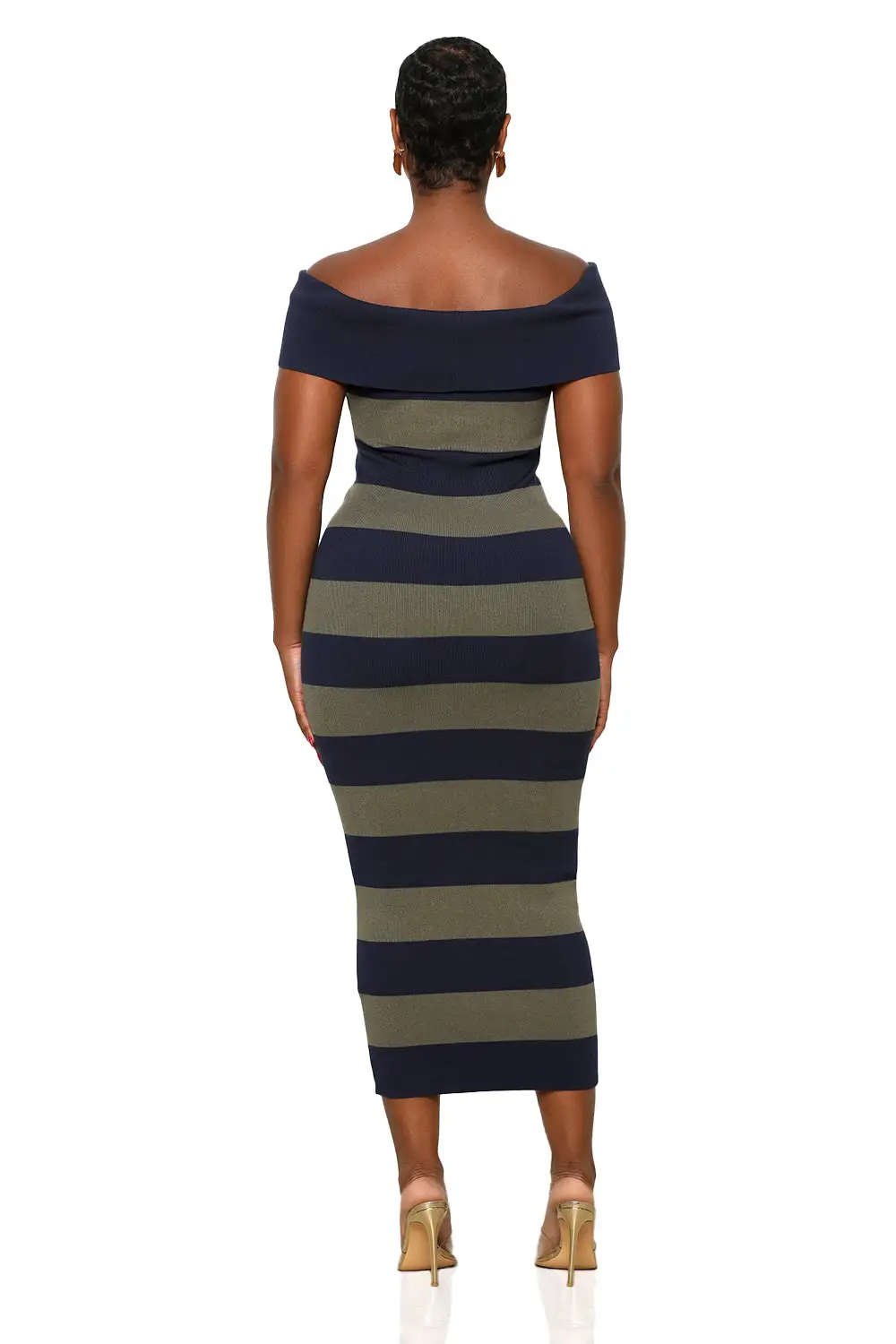 Fall In Love Stripe Off The Shoulder Dress (Olive/Navy)