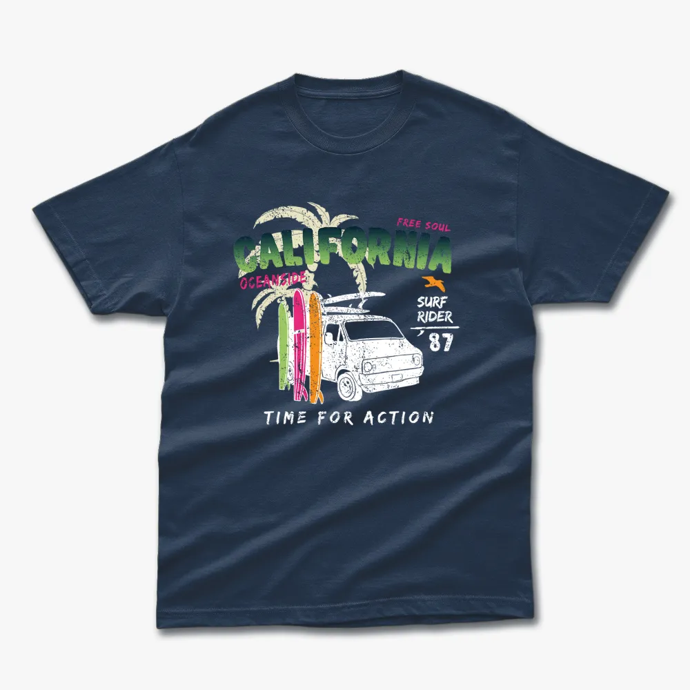 Retro Summer California Time For Action Printed T-Shirt