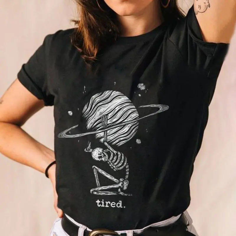 Skeleton planetary print loose T-shirt designer