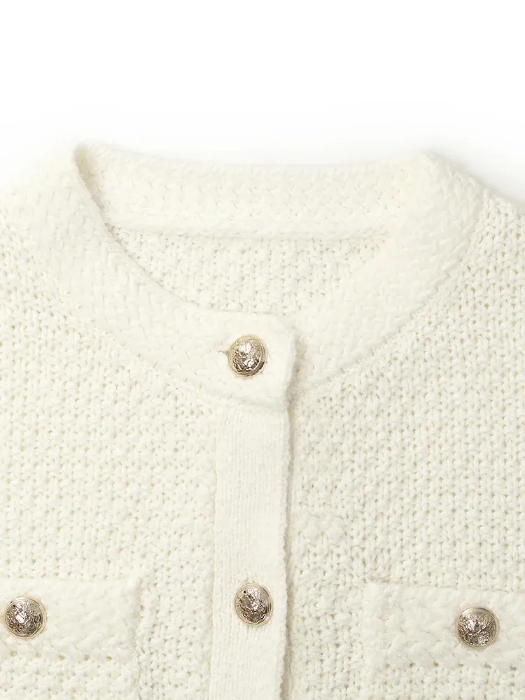 Openwork Round Neck Knitted Women Cardigan