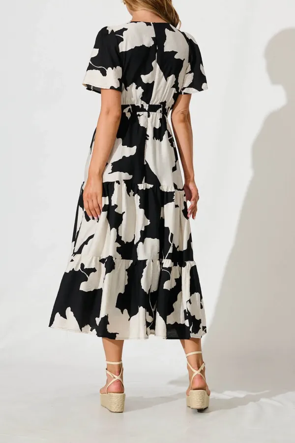 Black Floral Print Tiered Midi Dress