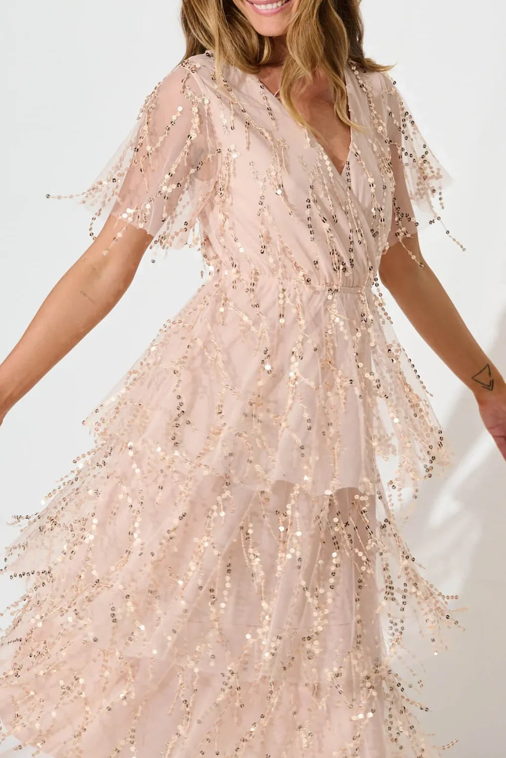 Light Pink Beaded Tiered Midi Dress