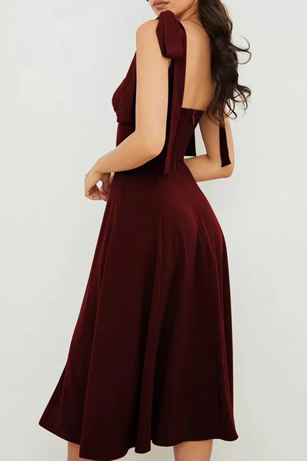 Tie Strap Fit & Flare High Slit Slip Midi Dress - Dark Wine