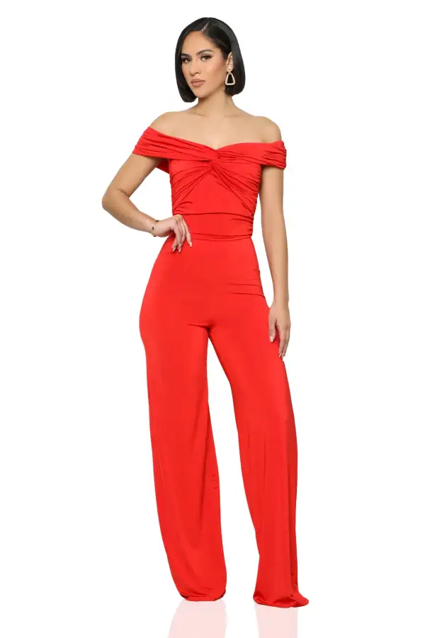 Twisted Off Shoulder Jumpsuit (Red)-FINAL SALE
