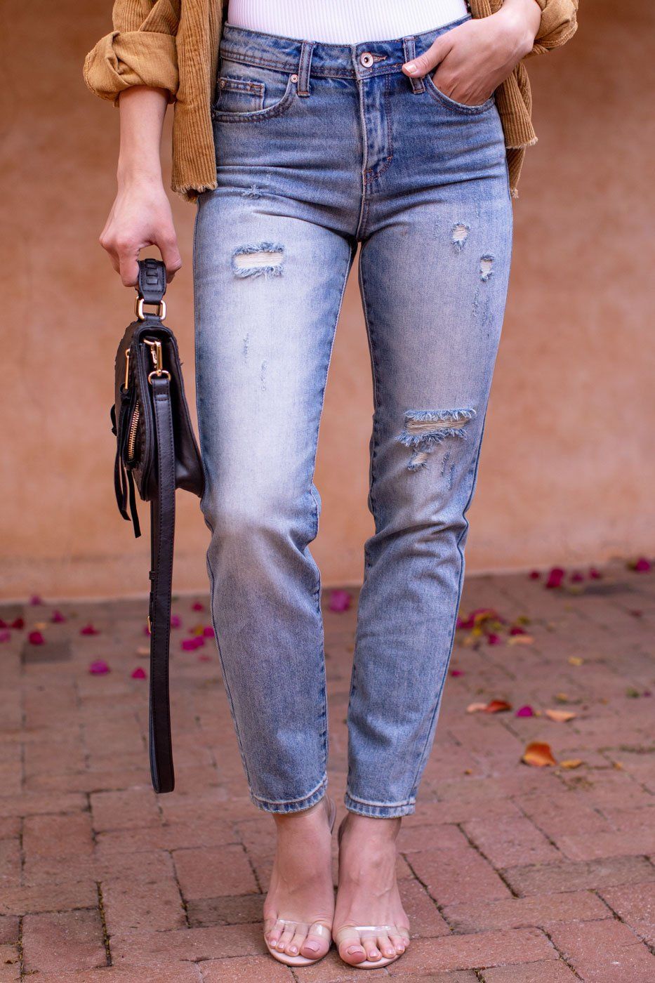 Frayed denim straight-leg pants in light colors