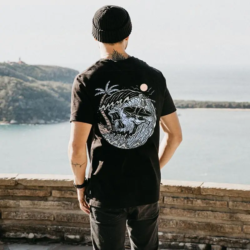 Surfing Skeleton Coconut Island Printed T-shirt