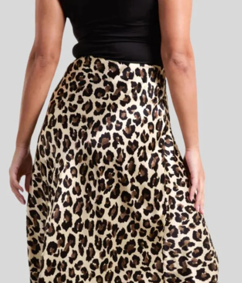 Leopard Print Satin Slip Midi Skirt