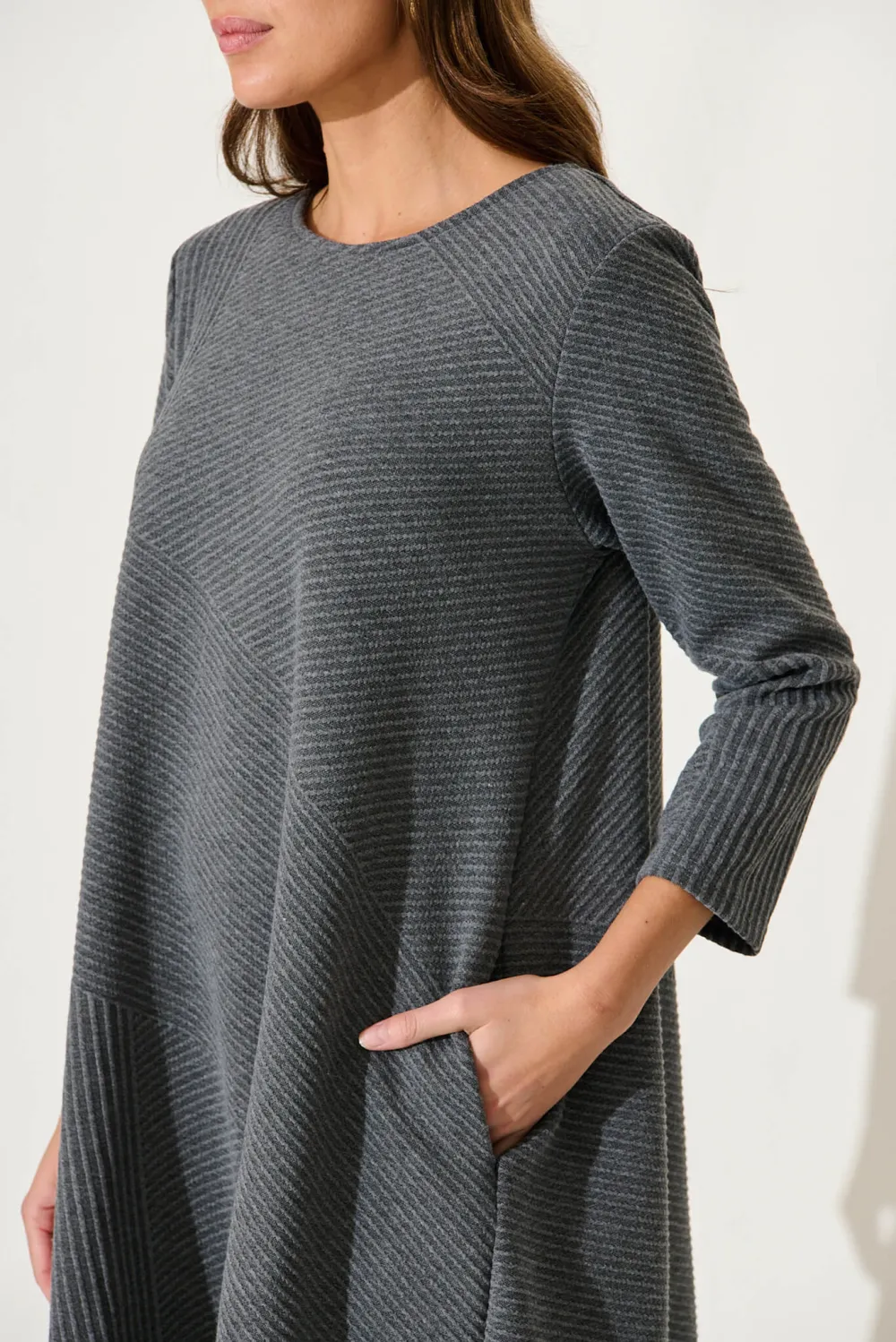 Gray Asymmetric Belted Knit Dress