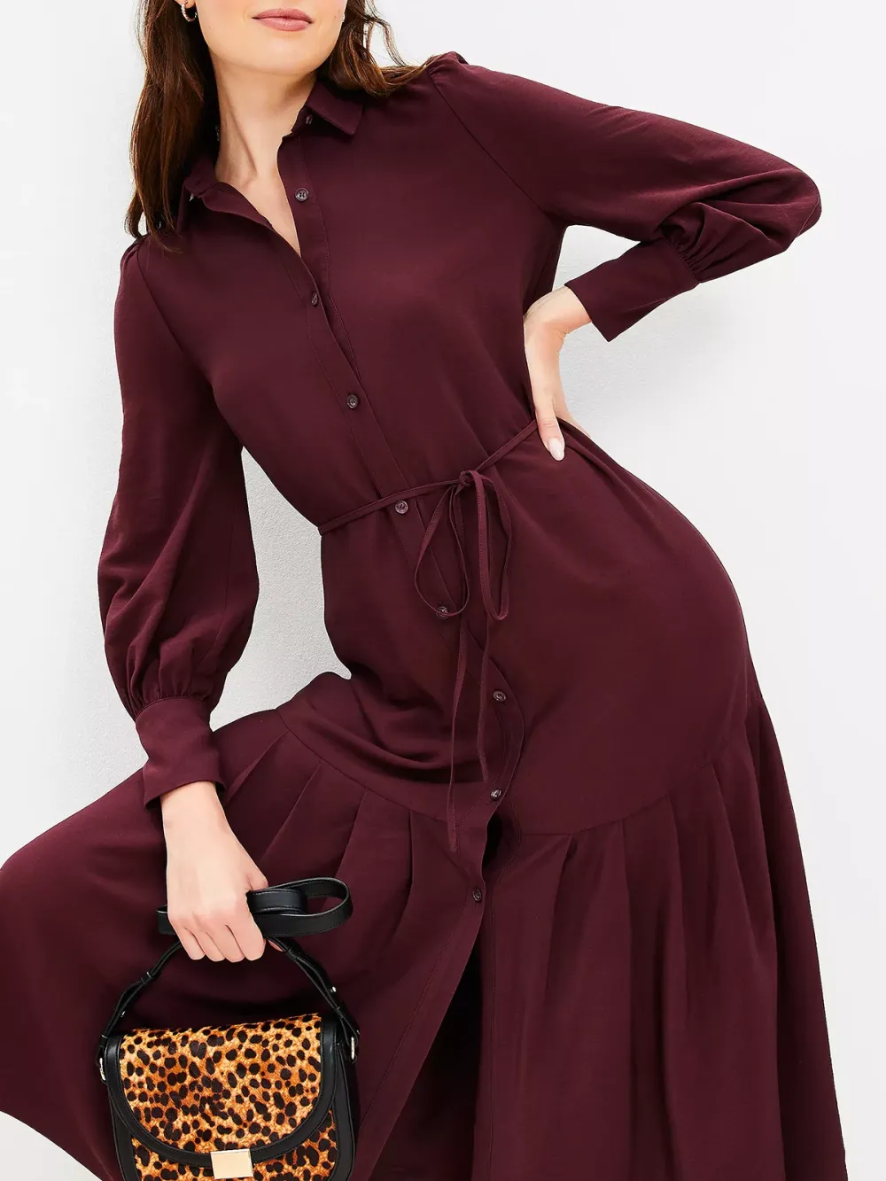 Pleated Tie Waist Midi Shirtdress