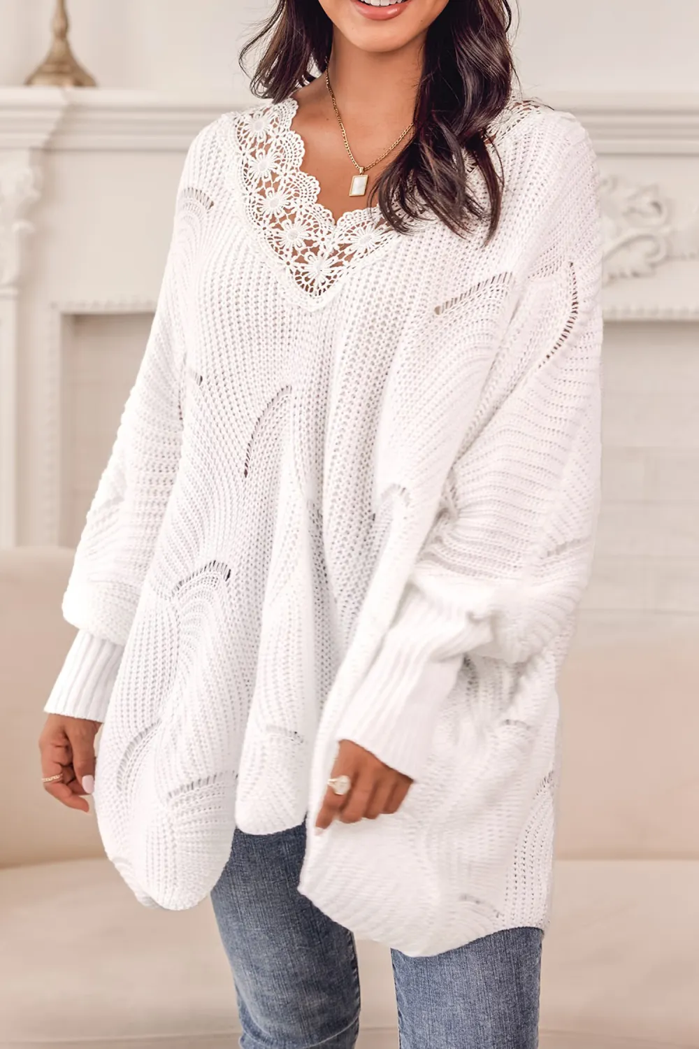 Floral Lace Pointelle Knit Scalloped Sweater