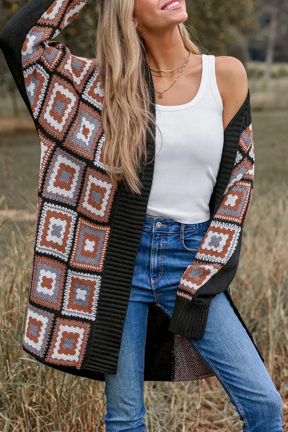 Patchwork Open Front Long Sleeve Knit Duster