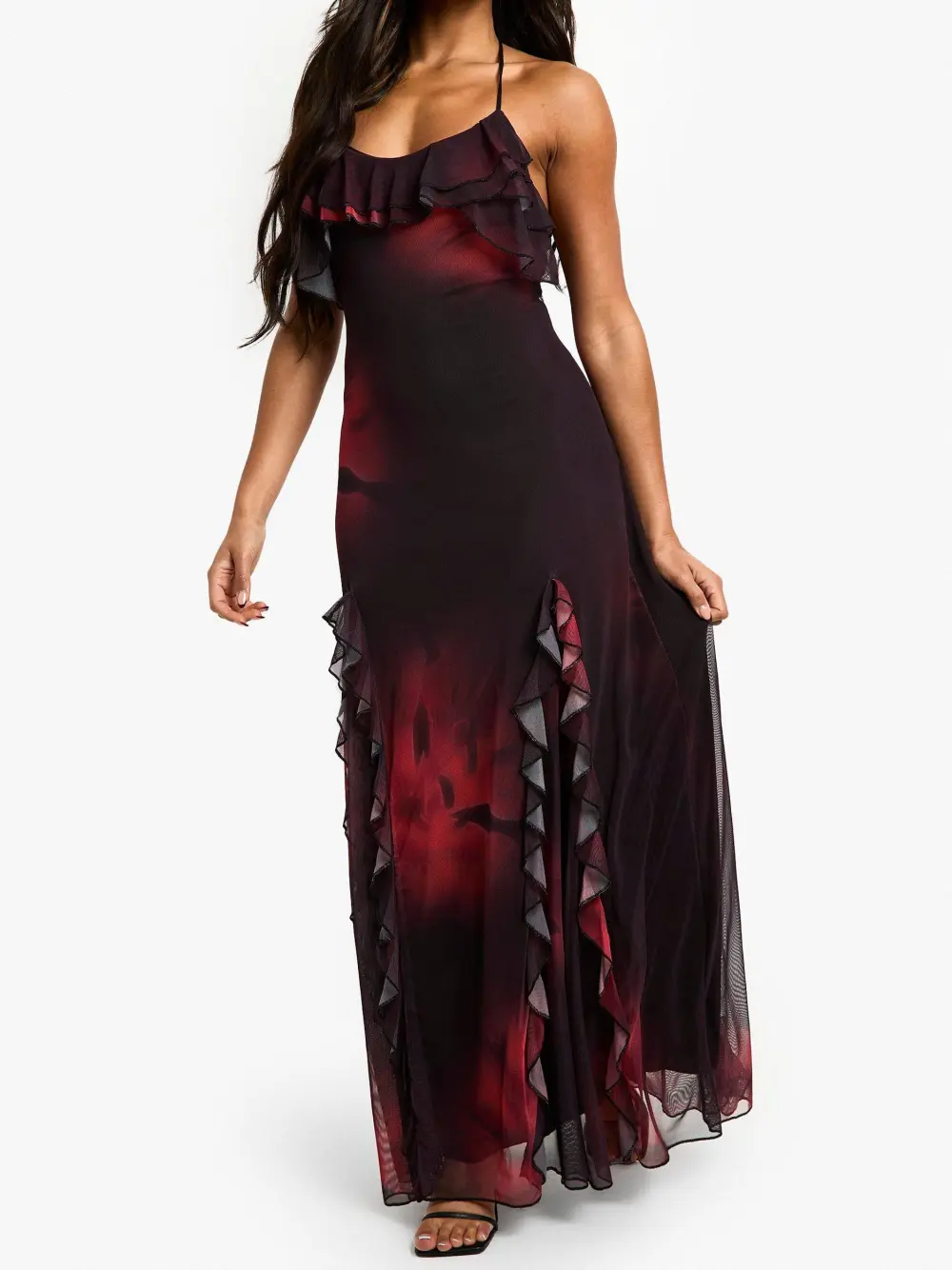 RUFFLE HALTER NECK FIT AND FLARE MAXI DRESS