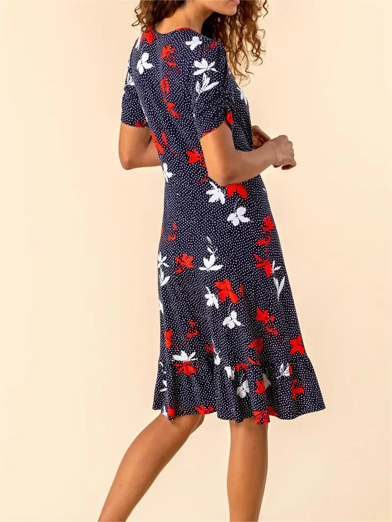 Navy Floral Spot Print Frill Stretch Dress