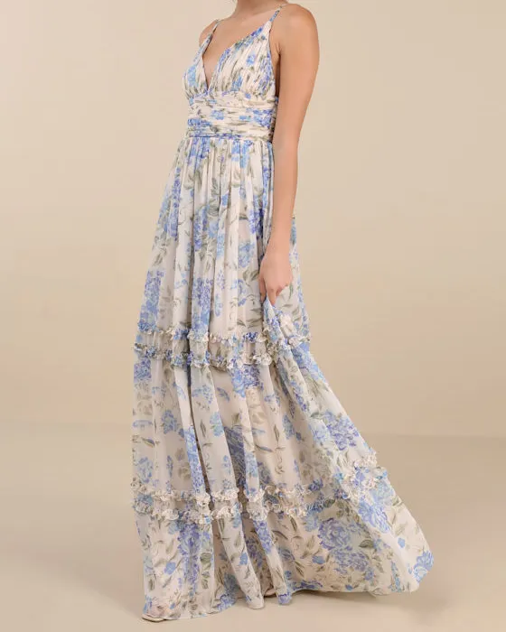 Niora Beige and Blue Floral Pleated Maxi Dress