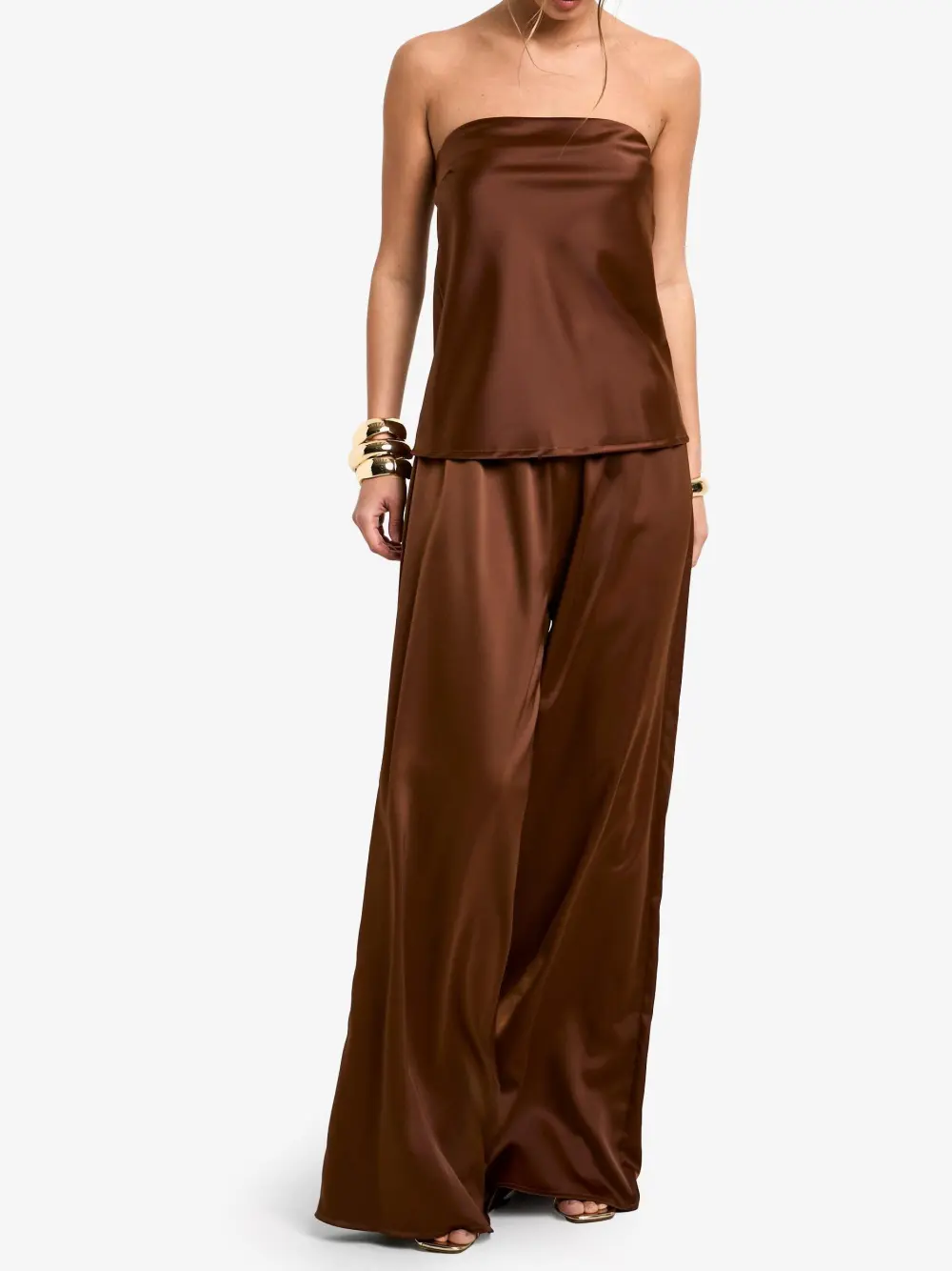 CHOCOLATE BANDEAU & DRAWSTRING WAIST WIDE LEG TROUSER SET