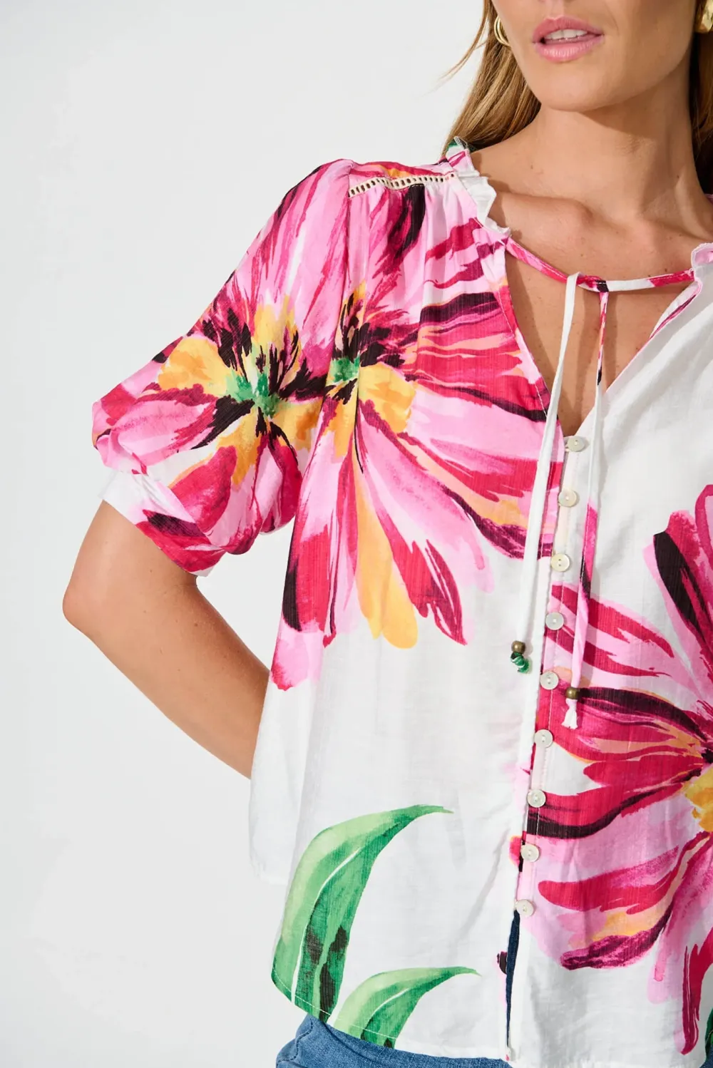 White Floral Print Half Sleeve Shirt