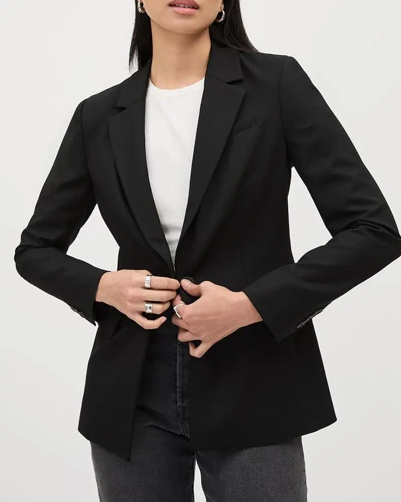 Black One-Button Wool-Blend Blazer