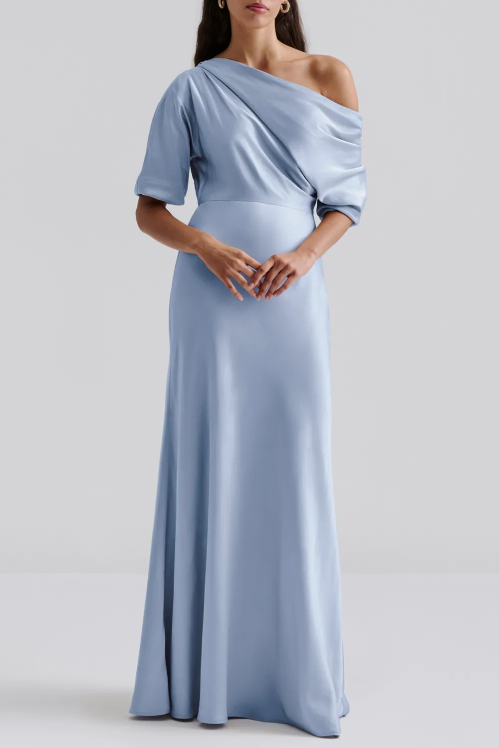 Asymmetrical Shoulder Satin Maxi Dress
