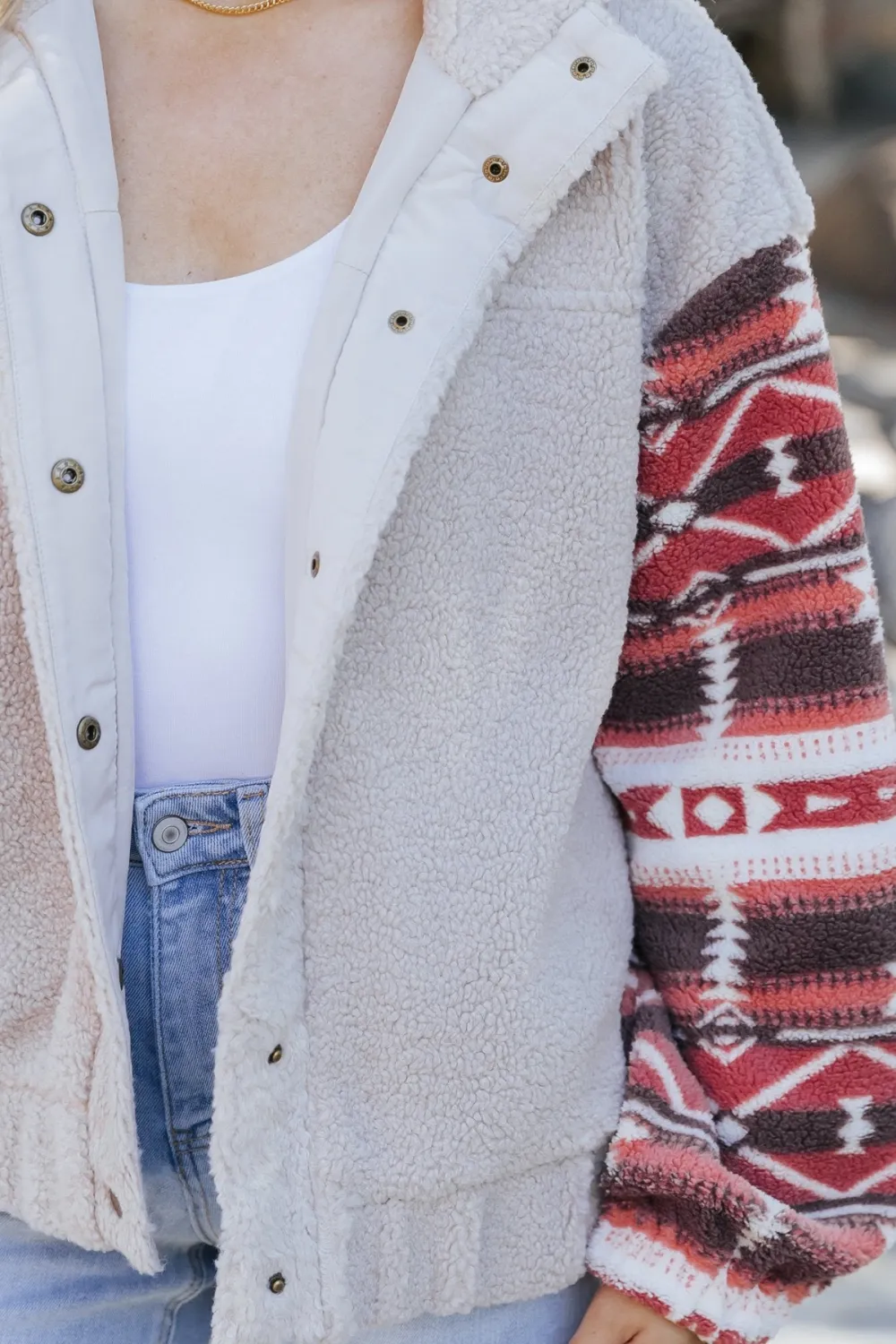 Aztec Print Teddy Jacket - Taupe