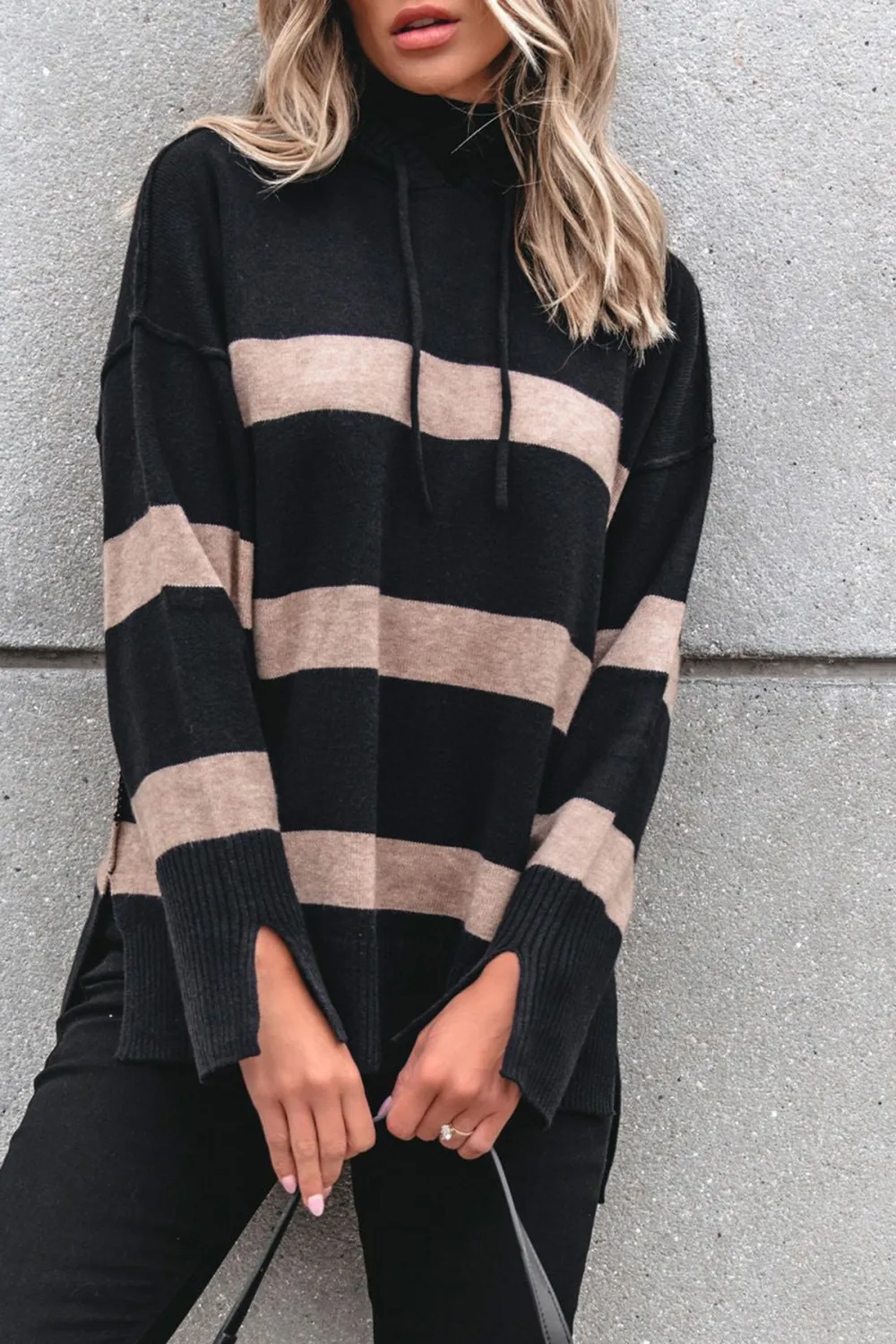 Black and Taupe Striped Hooded Sweater