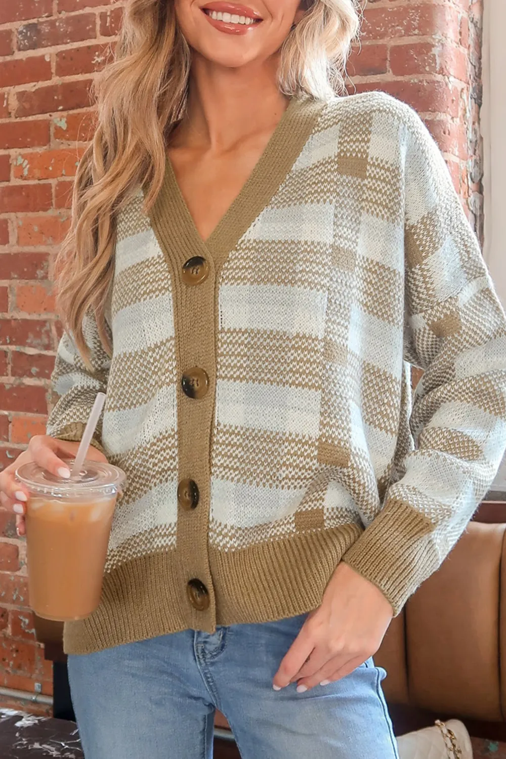 Gingham Button-Front Cardigan