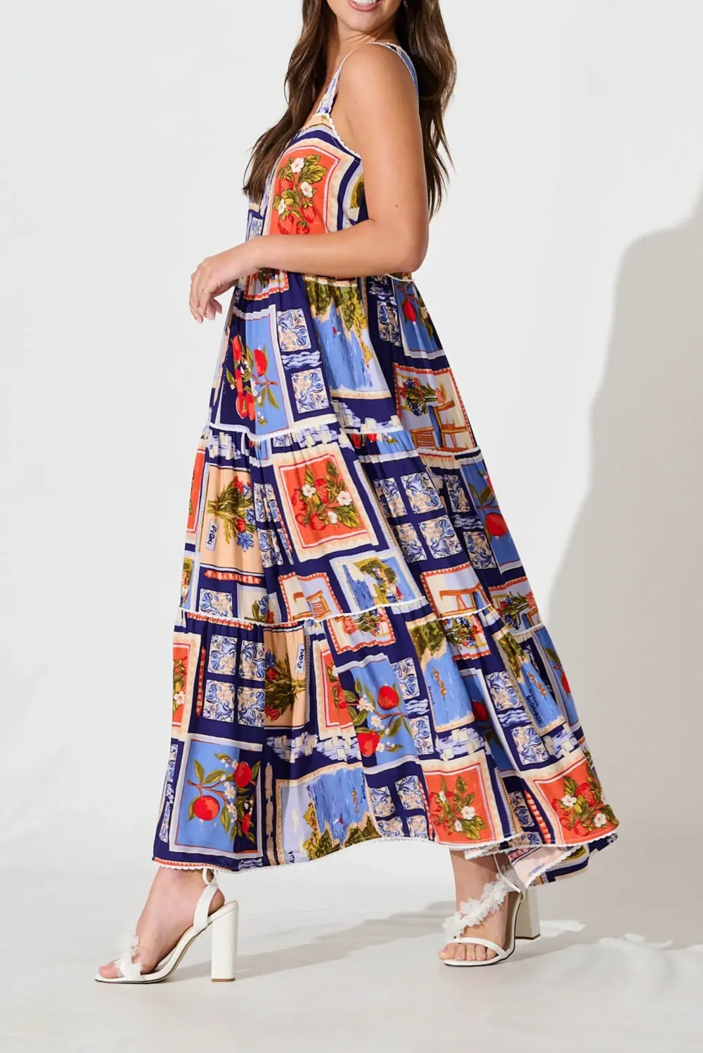 Blue Based Patchwork Print Maxi Dress
