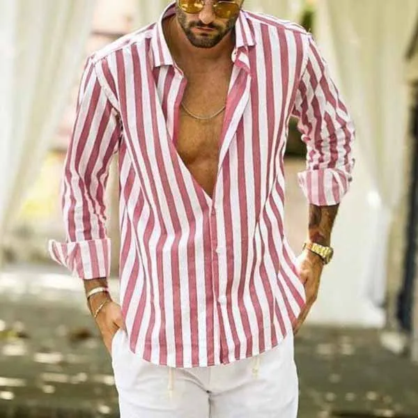 Men's Long-sleeved lapel striped shirt loose shirt