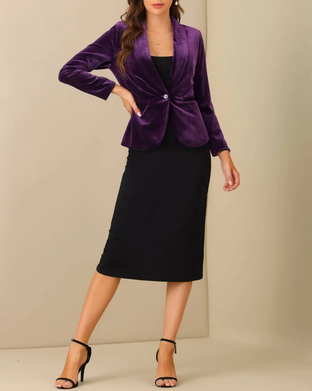 Allegra K- Shawl Collar One Button Velvet Blazer