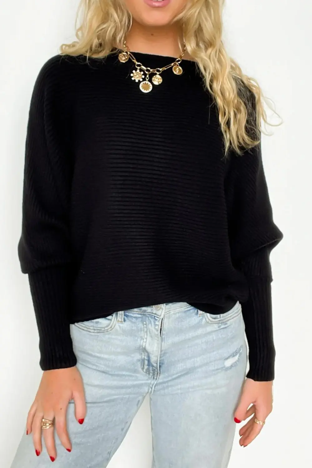 Ribbed Boat Neck Knit Sweater